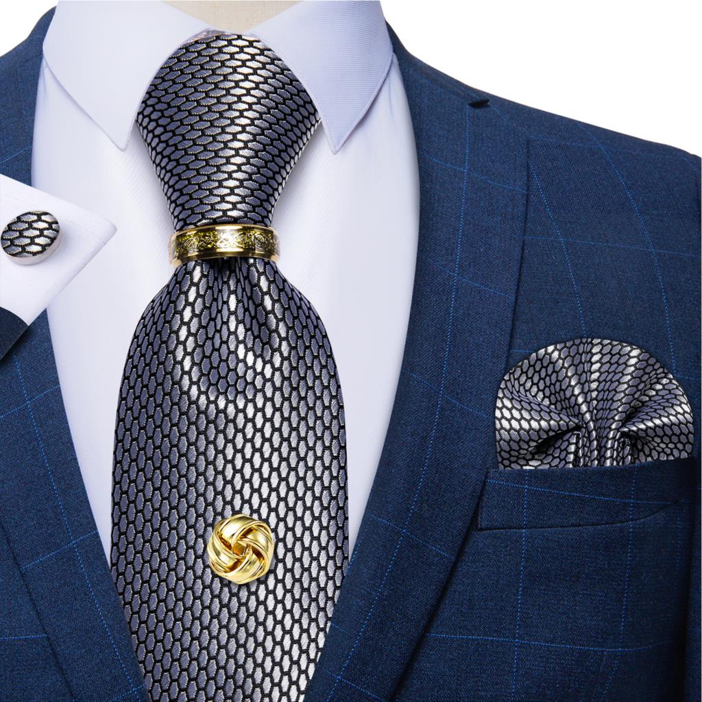 Cufflinks Silver Set - ลายสก๊อตสีดำผ้าไหมสำหรับงานแต่งงานอุปกรณ์เสริม Corbatas 8ซม.คอ Tie Pocket Square