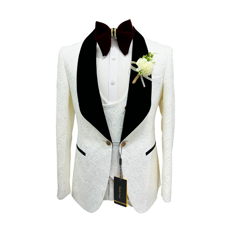 Men Formal Wear Wedding - ชุดสูทแต่งงานผู้ชาย Thorndike สีขาวลายแจ็คการ์ด พร้อมปกซาตินสีดำ ชุดทักซิโด้ 3
