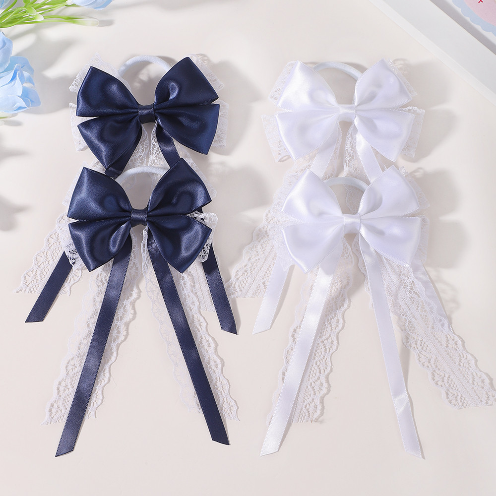 Satin Bow Tie - 2 ชิ้น/ชุด ยางรัดผมผ้าซาตินประดับโบว์หางยาว คู่เข้าชุด สำหรับมัดผมทรงหางม้า สไตล์