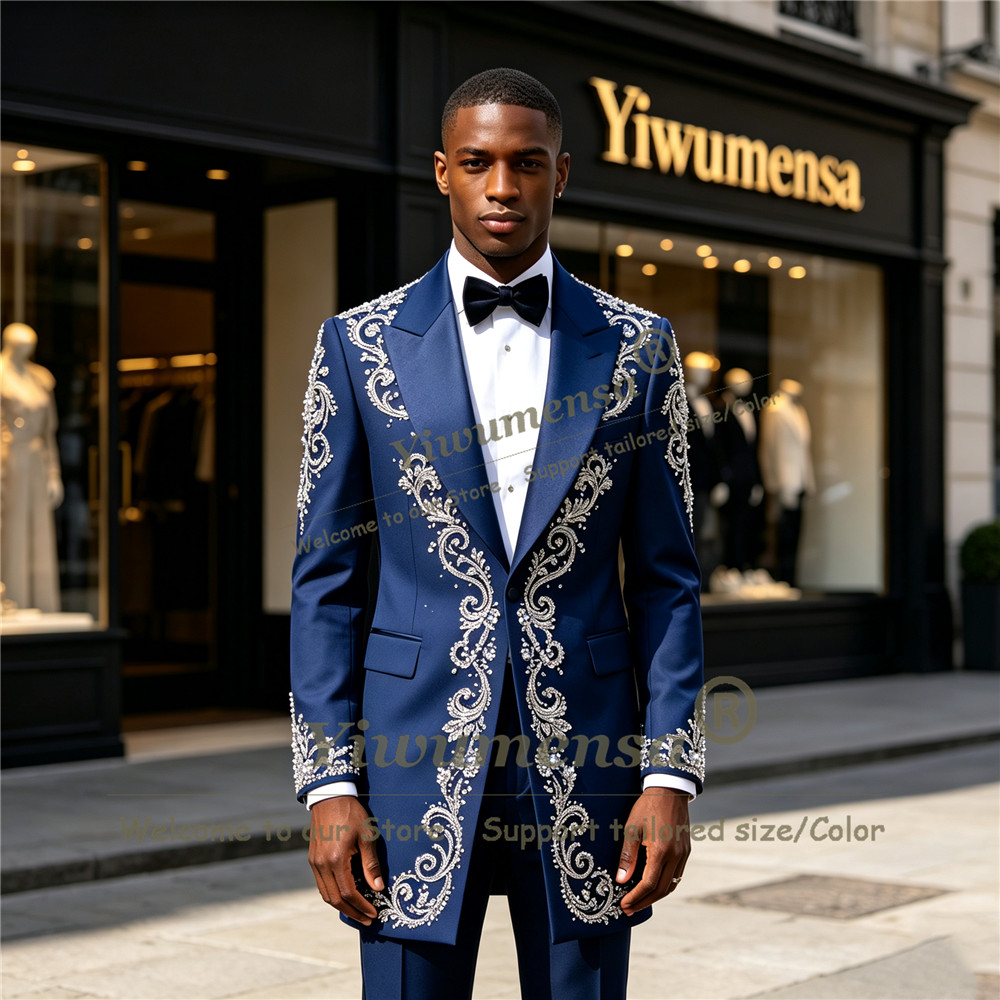 Men Formal Wear Wedding - ชุดสูทผู้ชายประดับคริสตัลทำมือ ตัดเย็บตามสั่ง แบบกระดุมแถวเดียว สำหรับงานพรอม ชุดทางการยาว ชุดทักซิโด้เจ้าบ่าวงานแต่งงาน