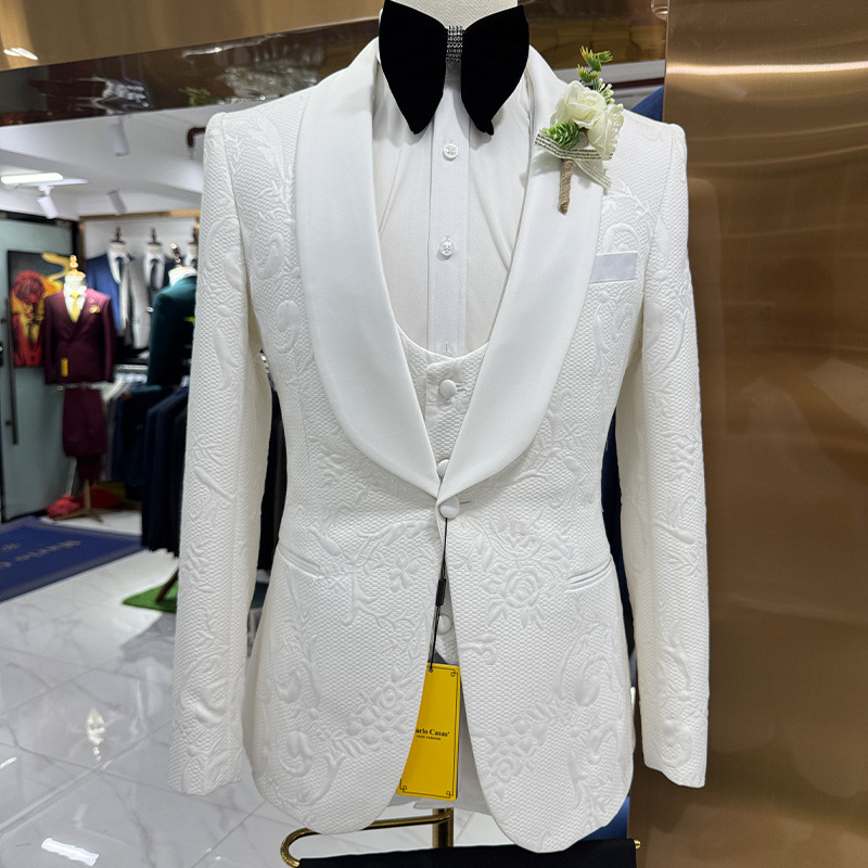 Men Formal Wear Jacket - ชุดสูทแต่งงานผู้ชาย สีขาว 3 ชิ้น แจ็คเก็ตผ้าแจ็คการ์ด เสื้อกั๊ก