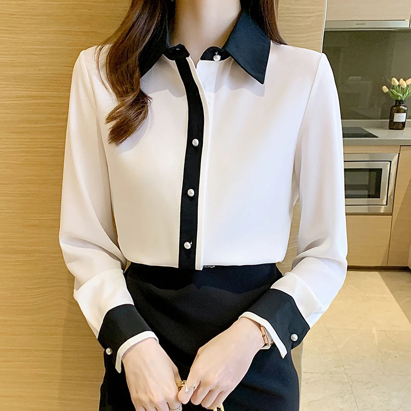 Men'S Formal Style - เสื้อชีฟองสีขาวสำหรับผู้หญิง สไตล์เกาหลี ชิค กระดุมแถวเดียว ปกตัดสี เสื้อทำงานสำหรับสุภาพสตรี