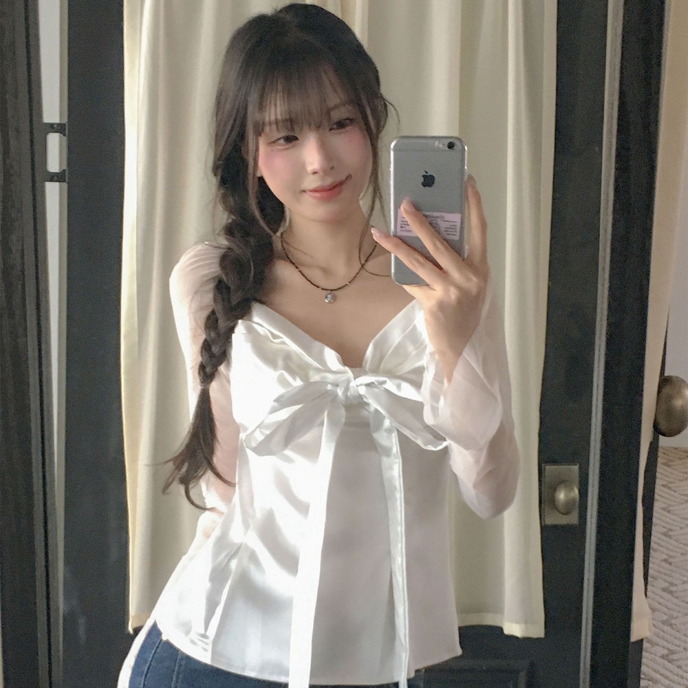 Satin Bow Tie - เสื้อเชิ้ตผู้หญิงแขนยาวผ้าชีฟองซาตินทรงสลิมมิ่งหรูหราพร้อมโบว์ผูกสไตล์ฝรั่งเศสสำหรับสวมใส่ทุกวันในฤดูร้อน