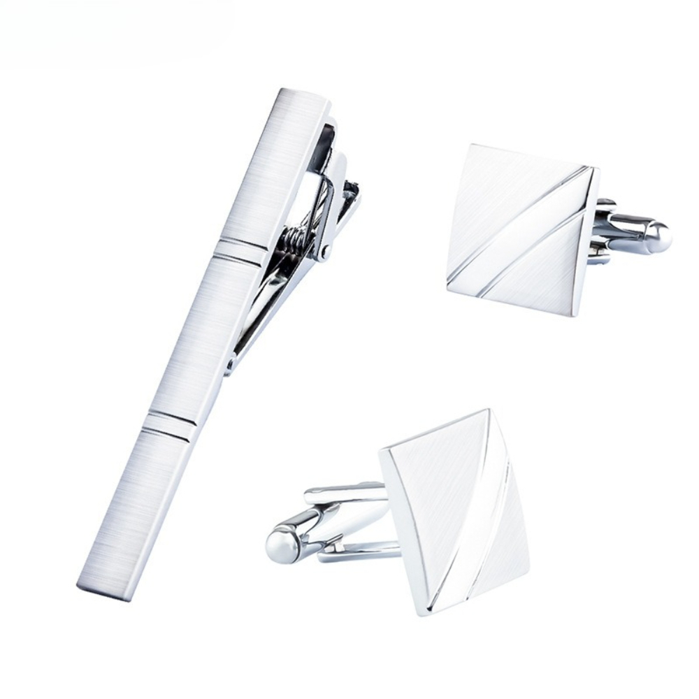 Cufflinks Silver Set - ชุดเซ็ตเข็มกลัดเนคไทและกระดุมข้อมือโลหะสีเงินทรงสี่เหลี่ยมขัดเงาสำหรับผู้ชาย ของขวัญทางธุรกิจสำหรับผู้ชาย ขายส่ง