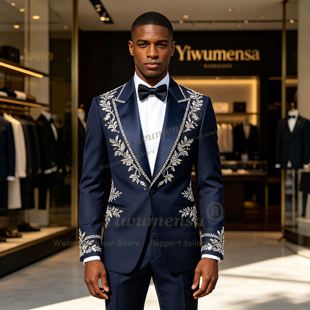 Men Formal Wear Jacket - ชุดสูทสีน้ำเงินกรมท่าสุดหรูสำหรับผู้ชาย ชุด 2 ชิ้น ประดับลูกปัดวิบวับและเลื่อม แจ็คเก็ตและกางเกงทรงเข้ารูป