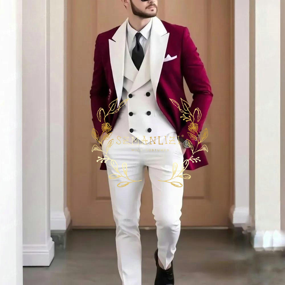 Men Formal Wear Jacket - ชุดสูทผู้ชายสีแดงเบอร์กันดี 3 ชิ้น ดีไซน์หรูหรา คุณภาพสูง ปกแหลมสีขาว