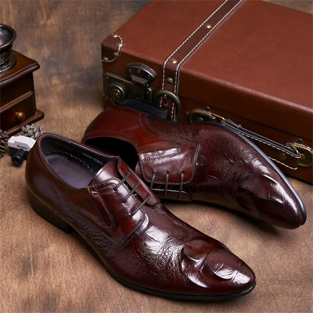 Men'S Formal Style - รองเท้าหนังผู้ชายทรงหัวแหลมสไตล์อังกฤษ ลายหนังวัวนูนลายจระเข้ หนังแท้ ผูกเชือก รองเท้าทางการสำหรับธุรกิจ