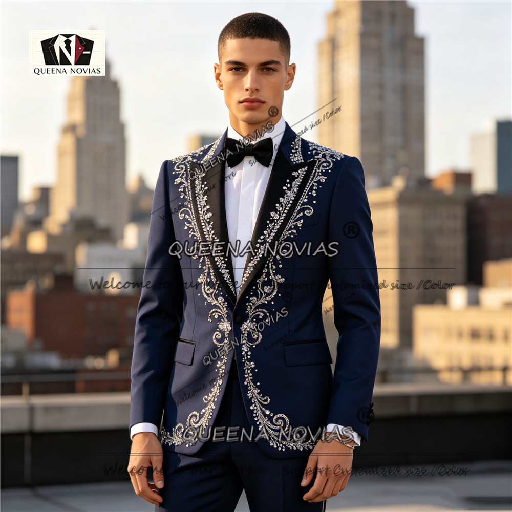 Men Formal Wear Jacket - ชุดทักซิโด้ผู้ชายทรงเข้ารูป ประดับคริสตัลและลูกปัด เสื้อแจ็คเก็ตและกางเกง 2 ชิ้น ชุดสำหรับเจ้าบ่าว