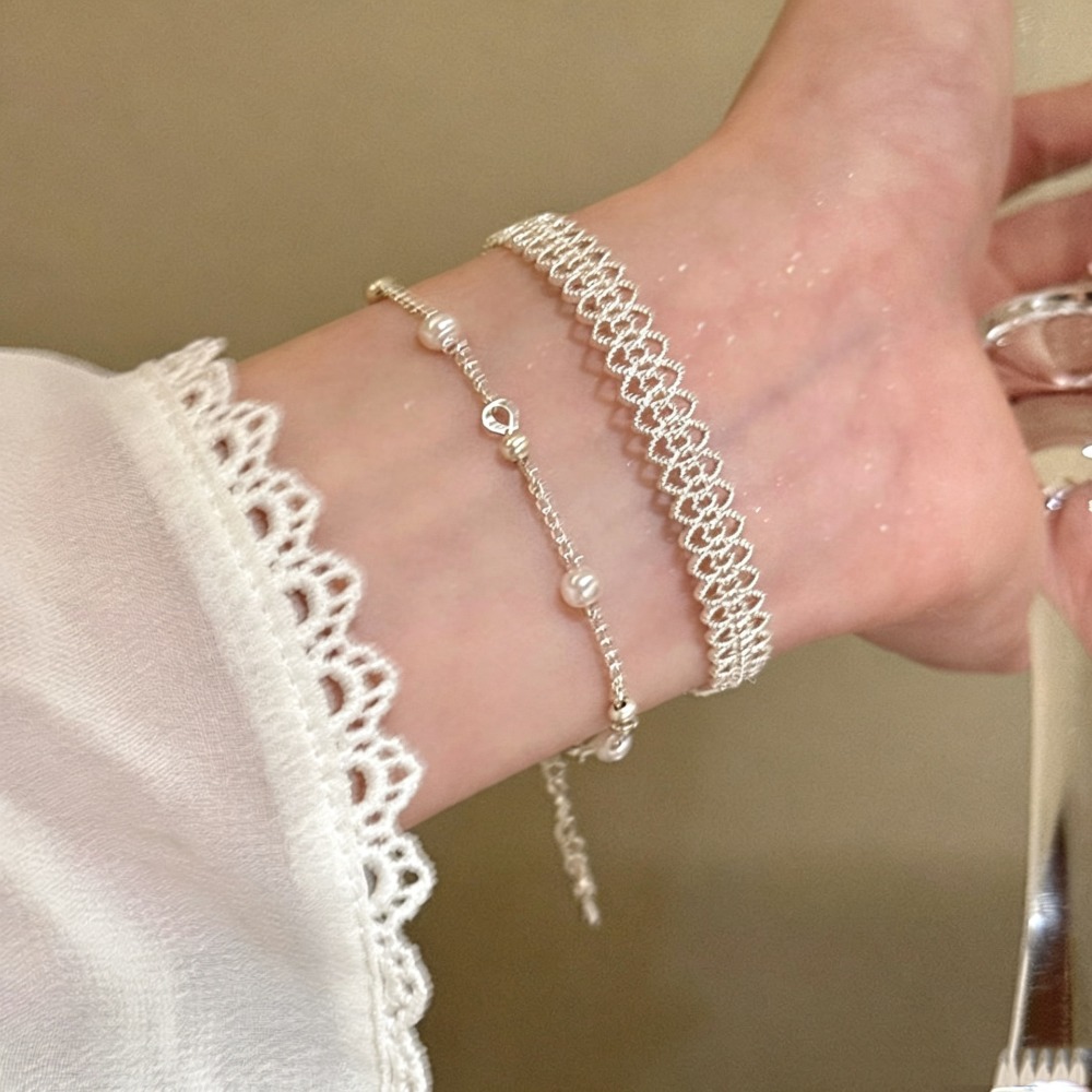 Cufflinks Silver Set - กำไลข้อมือแบบเปิดลายลูกไม้เงินแท้ 925 พร้อมสร้อยข้อมือลูกปัดมุกเทียมสำหรับผู้หญิง สามารถสวมซ้อนกันได้