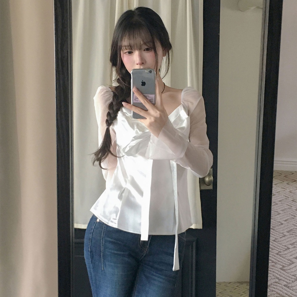 เสื้อเชิ้ตผู้หญิงแขนยาวผ้าชีฟอ - Satin Bow Tie บทวิจารณ์และราคา