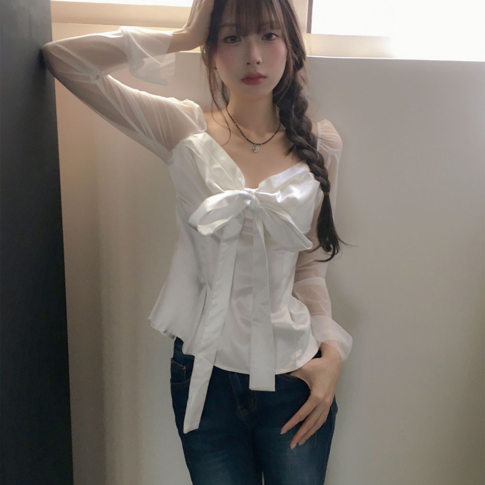 เสื้อเชิ้ตผู้หญิงแขนยาวผ้าชีฟอ - Satin Bow Tie บทวิจารณ์และราคา
