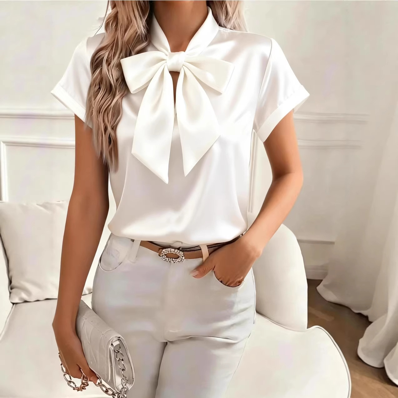 เสื้อผู้หญิงผ้าซาตินผูกโบว์ที่ - Satin Bow Tie บทวิจารณ์และราคา